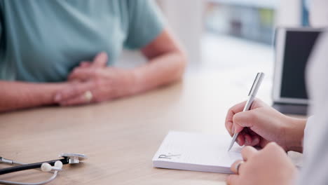 doctor, hands and writing prescription