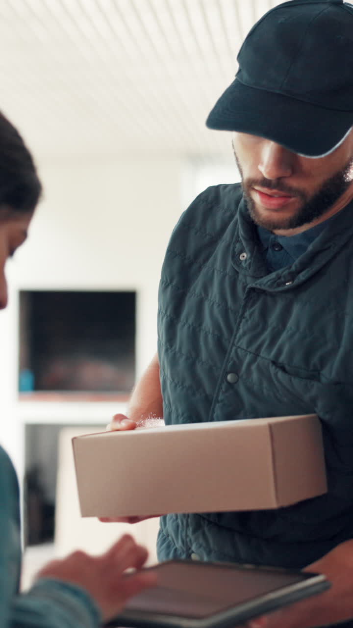 Corriere consegna il pacco al cliente, che appone la firma elettronica su tablet