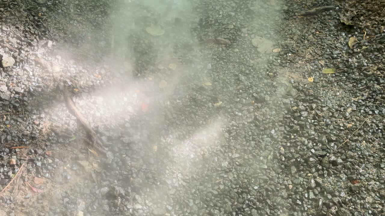 Dense white smoke billows upward from gravelly earth, static overhead shot, natural daylight, outdoor environment