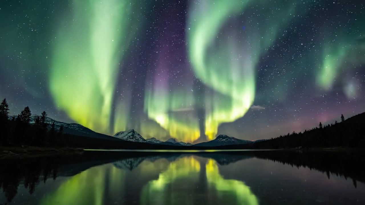 Una spettacolare aurora boreale illumina il cielo notturno sopra un lago sereno, riflettendo i colori vivaci dello spettacolo di luci della natura.