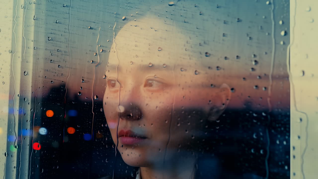 Donna asiatica che guarda attraverso una finestra piovosa, luci della città sfocate in un bokeh colorato, gocce di pioggia che lasciano scie sul vetro