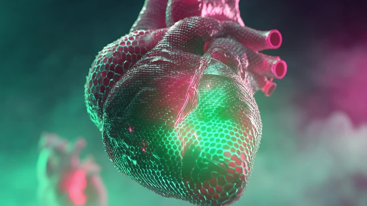 A Stunning Visualization of the Human Heart in Vibrant Colors and Textures, Showcasing Intricate Details Against a Dreamy Background of Smoke and Light