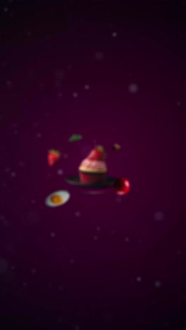 strawberry cupcake animation intro for advertising or marketing for restaurants with the ingredients of the dessert flying in the air (purple background) - vertical video for add price or sale