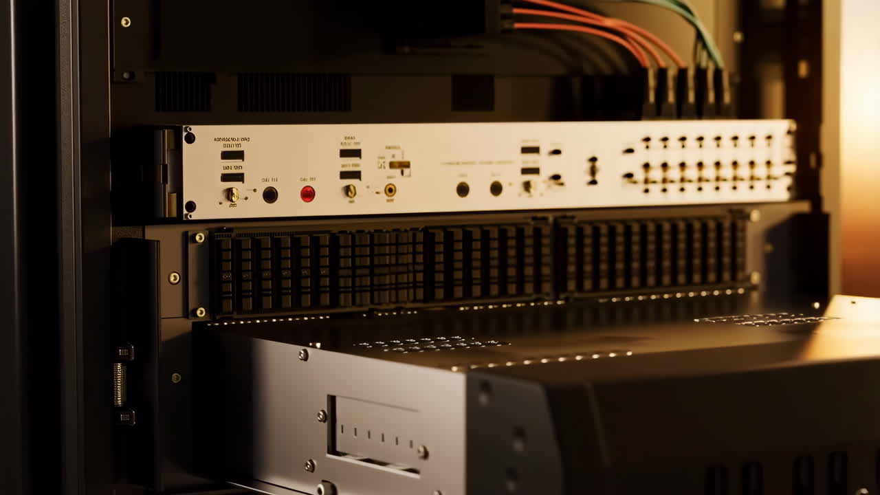 Close-up of Server Rack with Electronic Equipment and Wiring