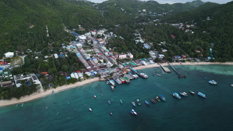 aerial view of koh tao pier, beach and coastal town in ko tao, ko pha-ngan, surat thani, thailand