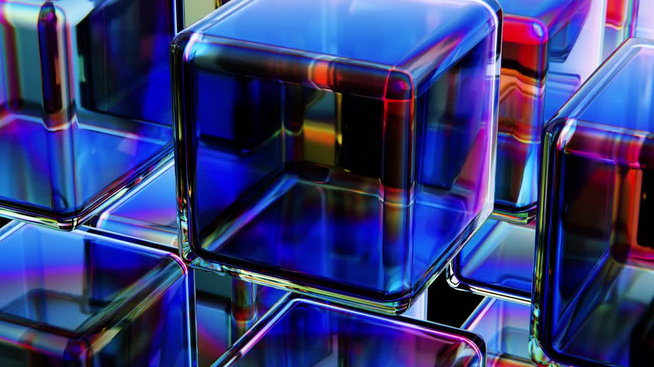 Dynamic Grid of Transparent Blue Cubes with Colorful Refractions
