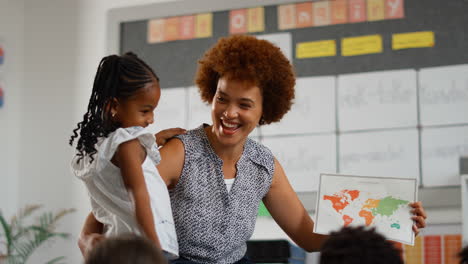 multi-cultural elementary school pupils with female teacher asking question in geography class