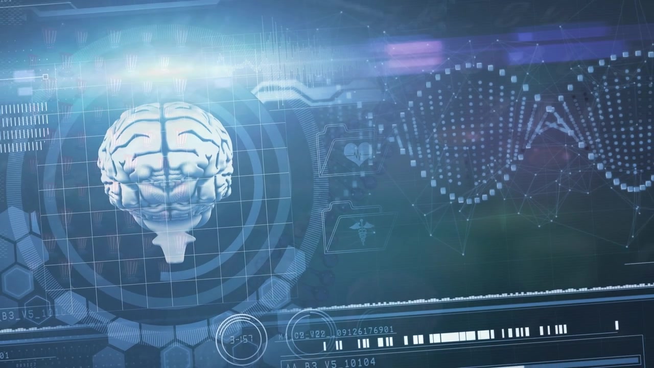 Animation of dna, brain and scientific data on digital screen