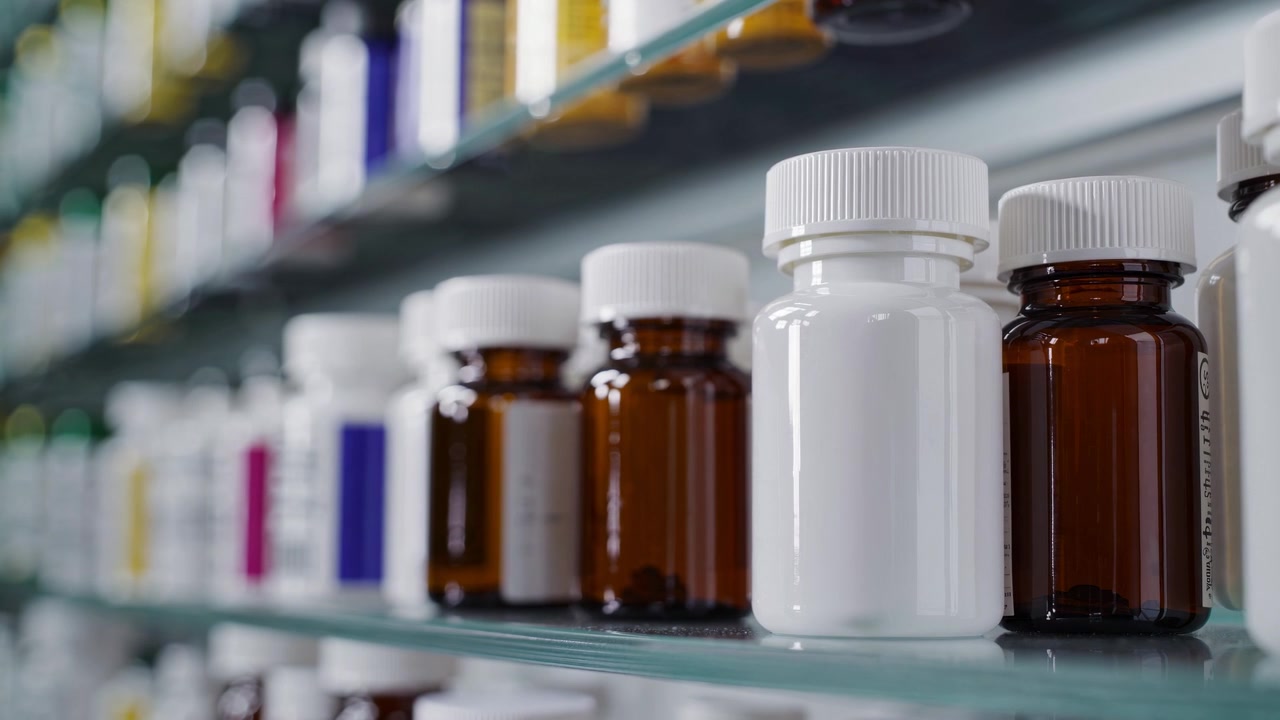 Filas de frascos de medicamentos recetados en estantes de cristal