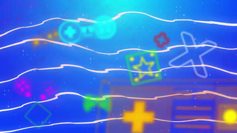 animation of neon video game items neon moving on blue background