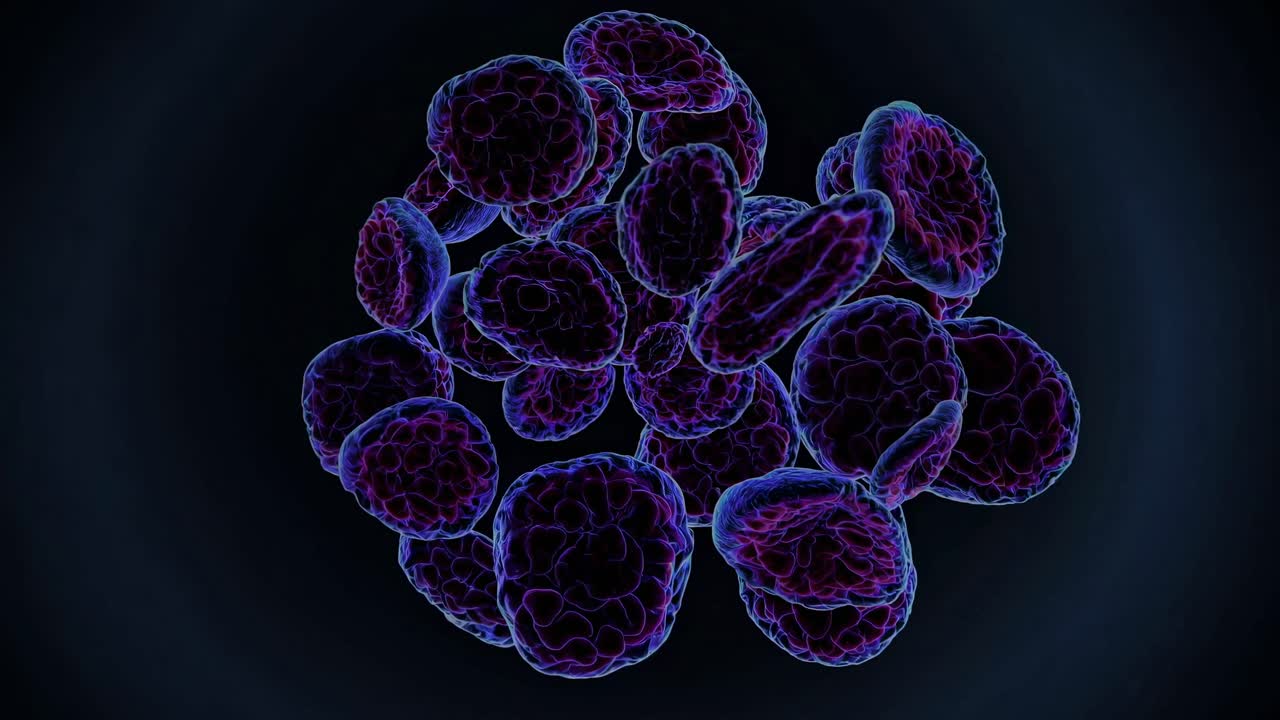 Close-up video of vibrant, glowing cells with a neon color palette, captured from a dynamic, angled