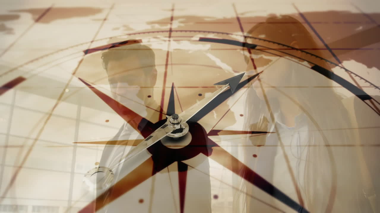 In office, animation of compass needle overlaying people discussing work project