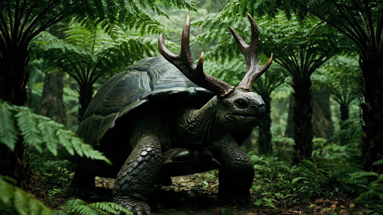 A fantasy creature: Turtle with antlers in a forest