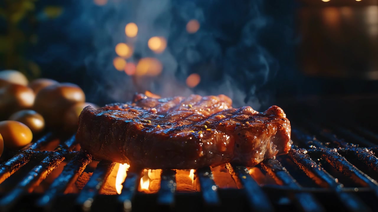 Bistecca succulenta che sfrigola su una griglia rovente con fiamme e fumo