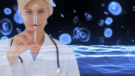 médico con jeringa contra células sanguíneas y células de infección bacteriana
