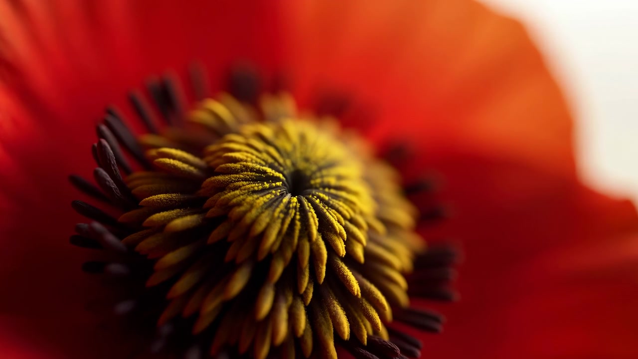 Extremnahaufnahme des Zentrums einer roten Mohnblume, die dichte spiralförmige Pollenstrukturen, dunkle Staubfadenenden, weiche, unscharfe Blütenblätter, warme rot-orange Farbtöne und eine detaillierte botanische Textur zeigt, mit Mohn, Blume, Makro