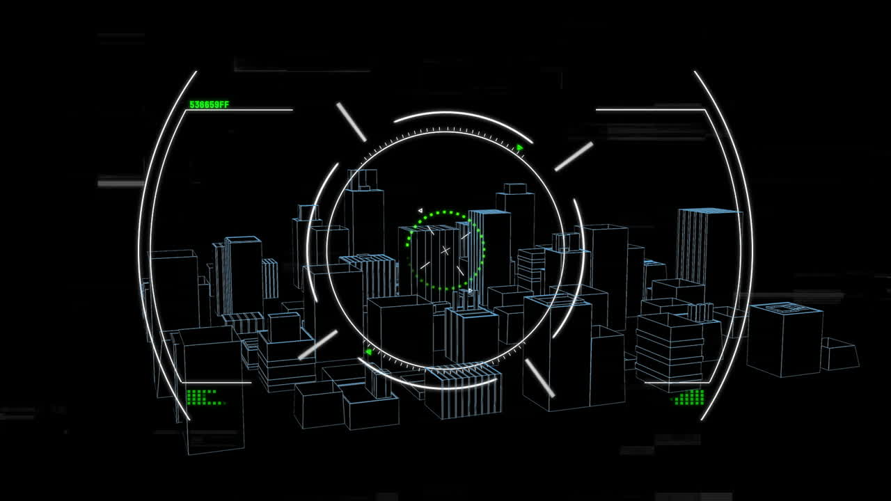 Wireframe city model rotating under circular HUD overlay, showing green pointers and glitch bars