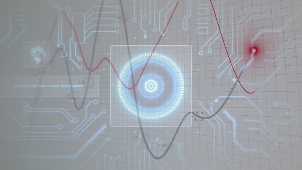 Undulating red and gray waveforms initiating spinning rings and pulsing node visualizing live data