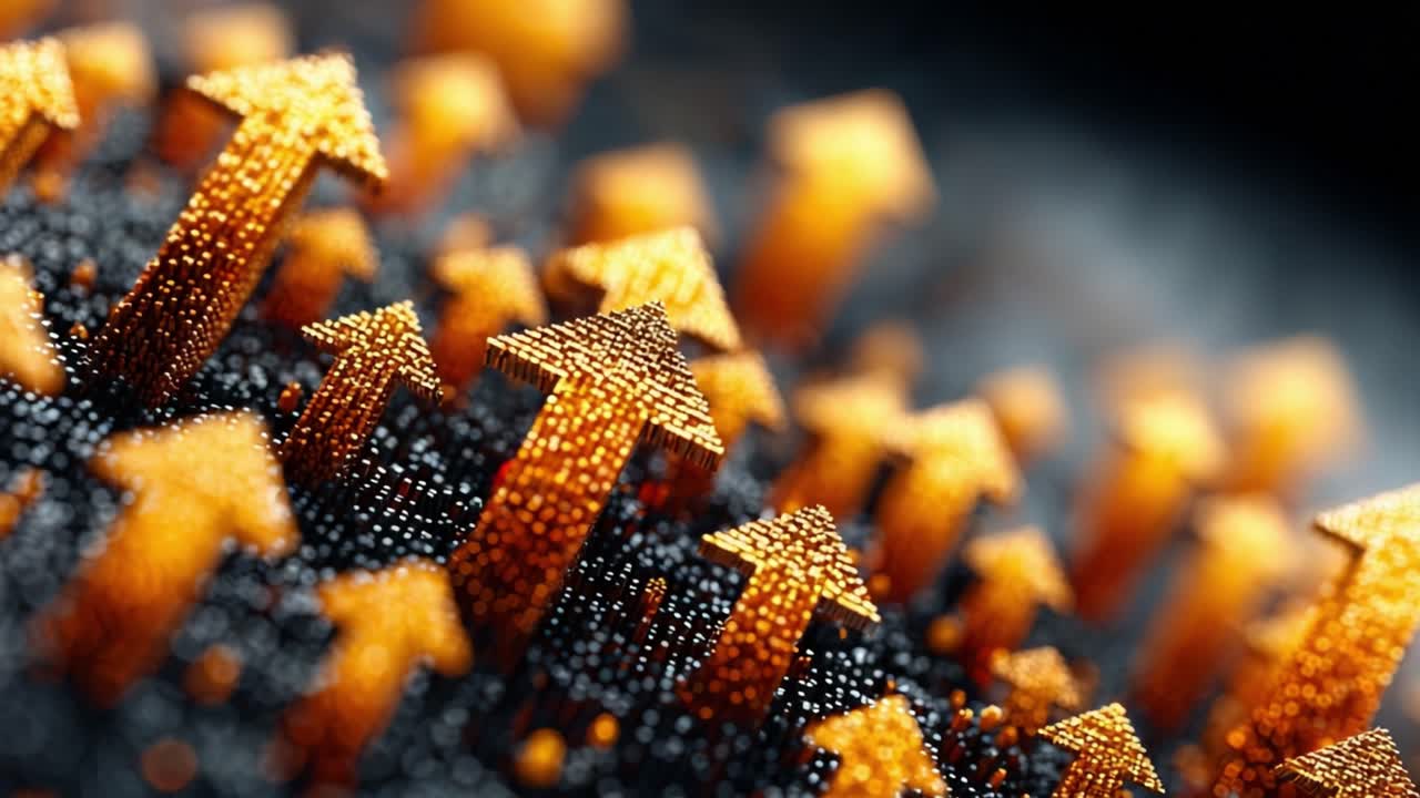 Hundreds of golden arrows made of particles rising up from a dark surface, symbolizing business growth, positive direction, financial success, and overall improvement with a shallow depth of field