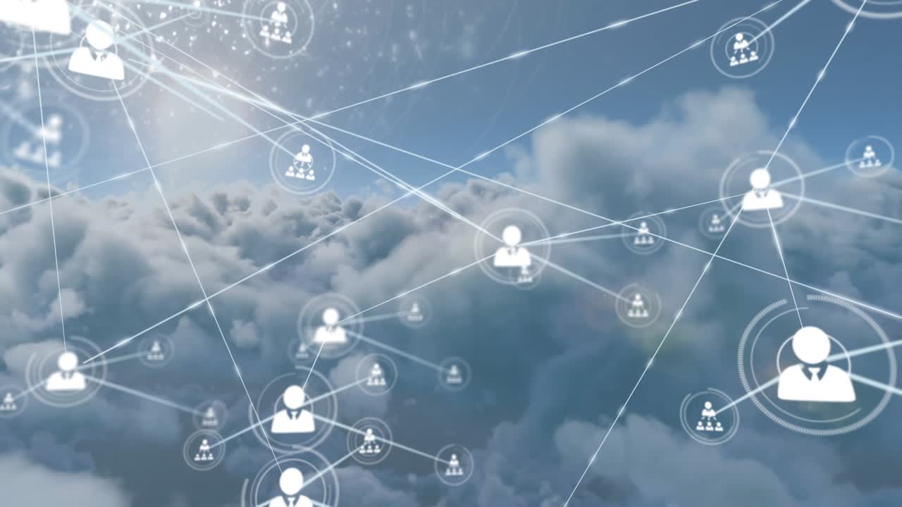 Animation of network of profile icons against clouds in the blue sky