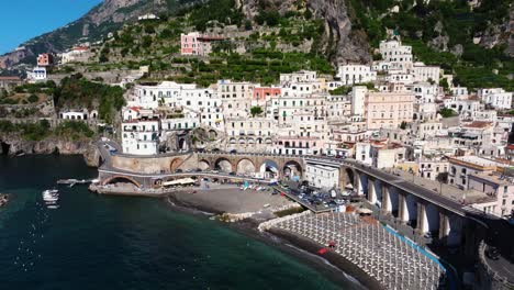 Drone-Orbits-Above-Atrani,-Amalfi-Coast---Popular-Tourist-Destination-in-Italy