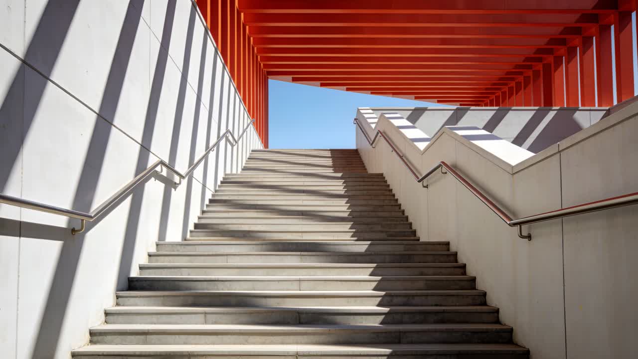 Luz solar em movimento projetando faixas de sombra pelas escadas em direção ao céu azul, com um toldo vermelho e corrimãos