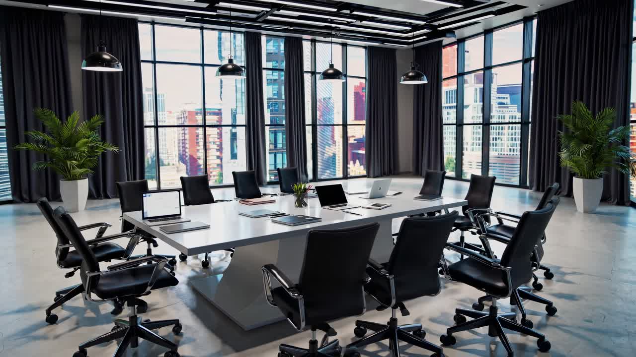 Corporate conference space featuring sleek white conference table, black ergonomic chairs, connected laptops, expansive glass windows revealing urban skyline