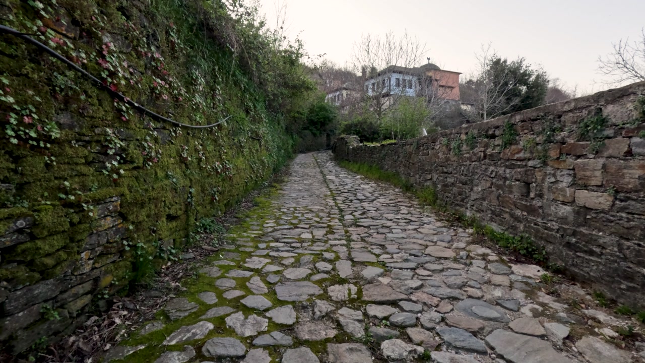 A cobblestone path winds through a small village surrounded by greenery and rustic stone walls. The light of late afternoon casts shadows on the stones.