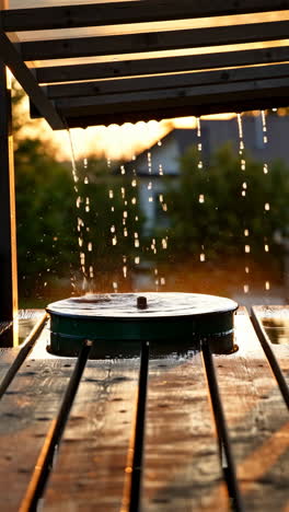 water drops falling into a container on a wooden surface at sunset