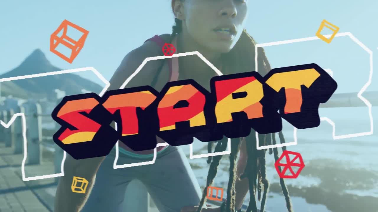 animación del texto de inicio con iconos sobre la mujer tomando un descanso durante el ejercicio al aire libre