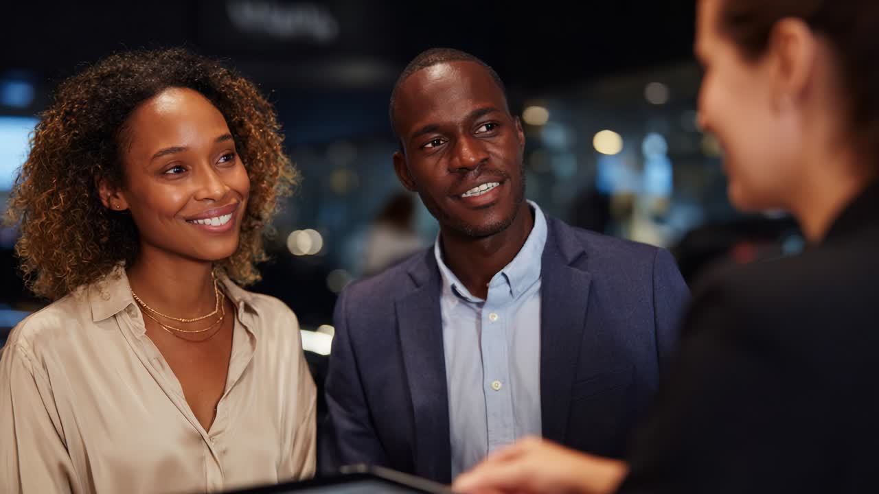 A Welcoming Conversation Between Two Individuals at a Professional Setting, Engaging with a Friendly Representative, Emphasizing Customer Experience and Service Excellence in a Modern Environment