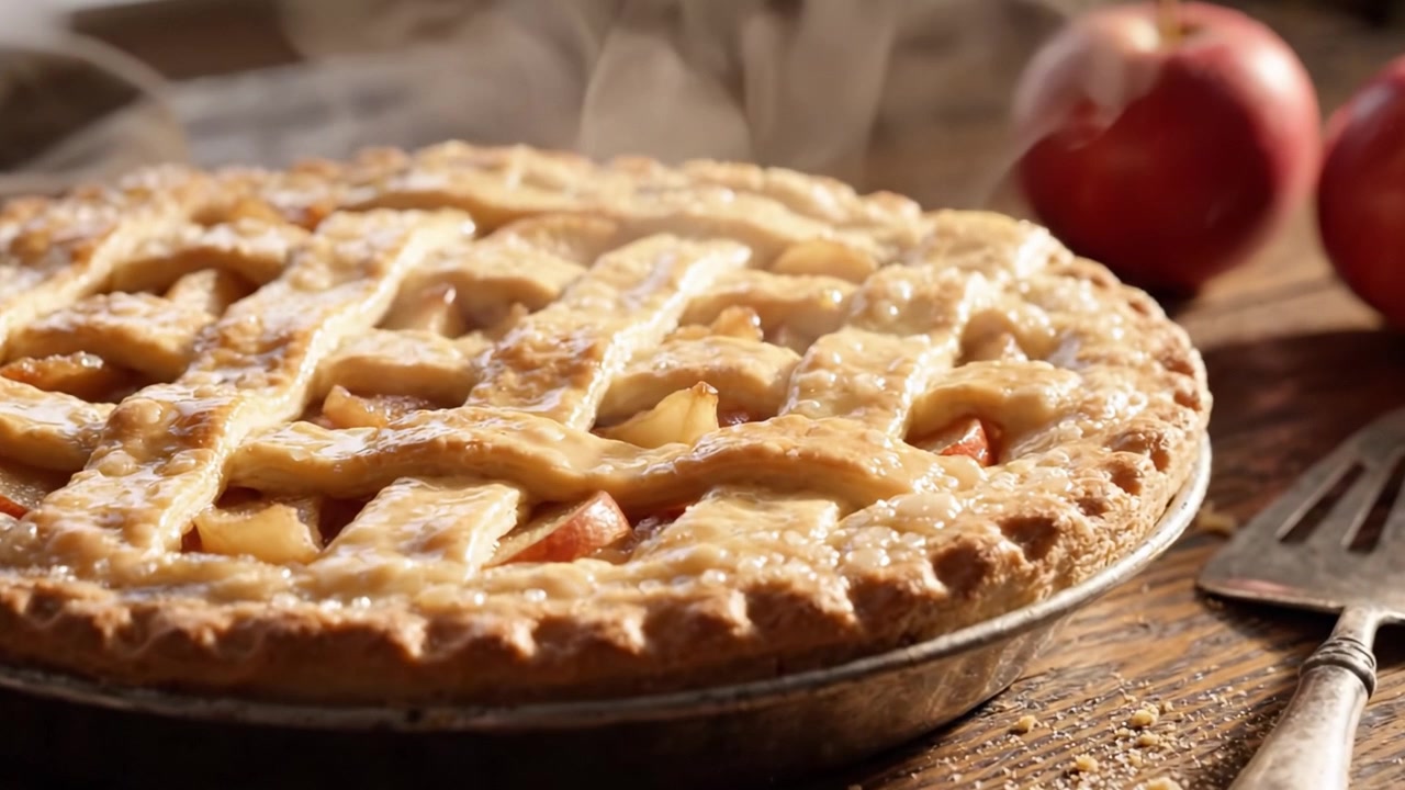 Delicious Golden Apple Pie Freshly Baked with Flaky Crust and Warm Apples, Surrounded by Fresh Red Apples and Inviting Aromas Evoking Cozy Moments