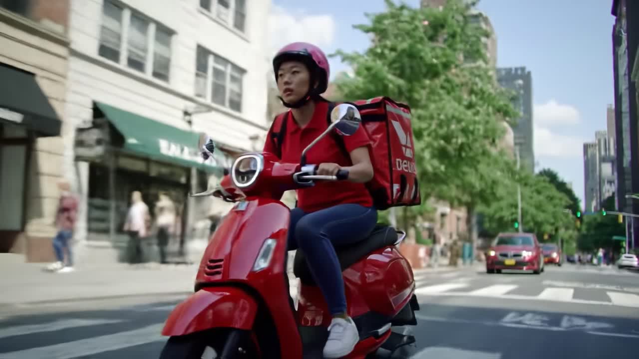 A delivery rider in a red uniform maneuvers through busy urban streets on a scooter during the afternoon. The vibrant city backdrop adds to the fast-paced atmosphere of delivery work.