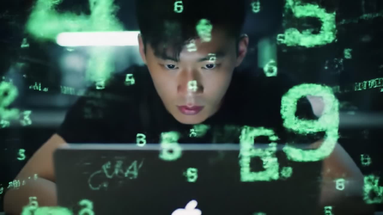 An Intense Tech Session: A Focused Individual Engages with Data Streams, Surrounded by Dynamic Alphanumeric Visuals on a Laptop Screen