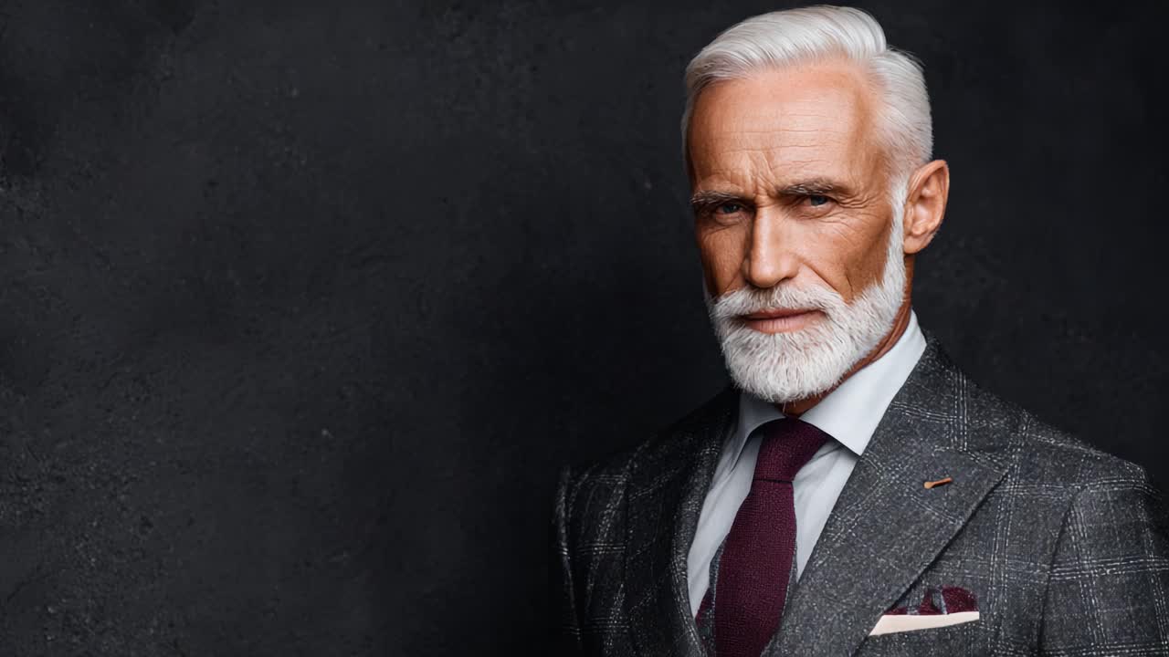 Sophisticated Elderly Gentleman in a Tailored Suit with Stylish Grooming and an Intense Expression Against a Dark Textured Background