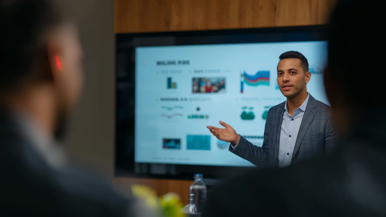 Raising hand man in grey blazer explaining display charts at meeting table with clicker, copy space
