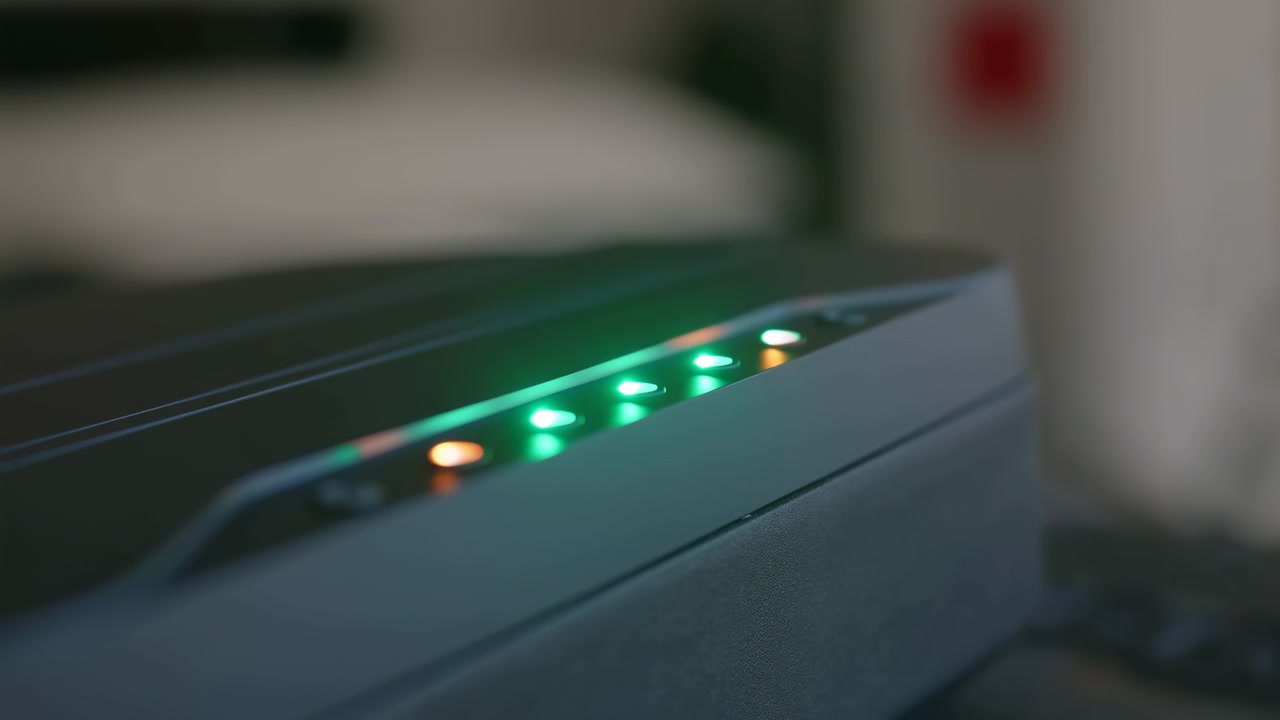 Una vista ravvicinata mostra una fila di punti di stato illuminati che cambiano colore per diversi secondi su un'unità elettronica grigia, mentre una sfocatura morbida dello sfondo mantiene l'attenzione sul pannello luminoso.