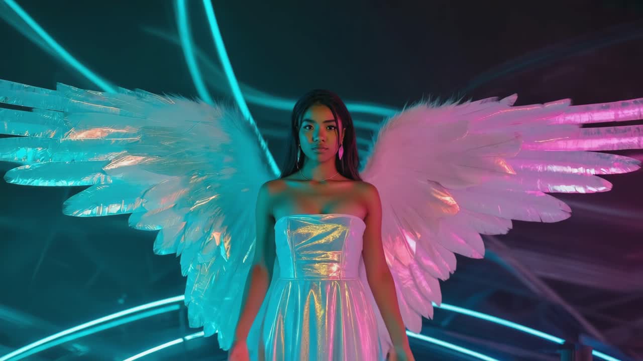 Woman with iridescent angel wings