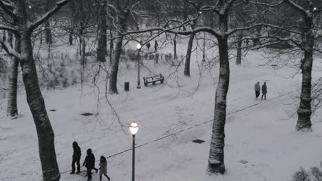 toma de drones de copos de nieve voladores y gente en el parque urbano de invierno iluminado por la luz de las linternas al atardecer