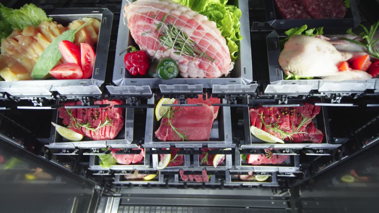 Fridge drawer containing fresh meat and vegetables neatly arranged in sections.