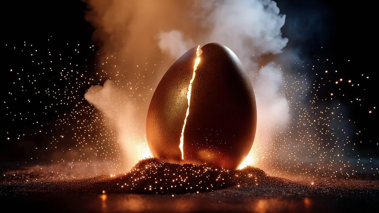 Un uovo d'oro esplode in un bagliore infuocato. Fumo e scintille esplodono dal suo guscio. L'oscurità incornicia il momento drammatico. Potente, misterioso e intenso. Perfetto per temi di fantasia, rinascita o trasformazione.