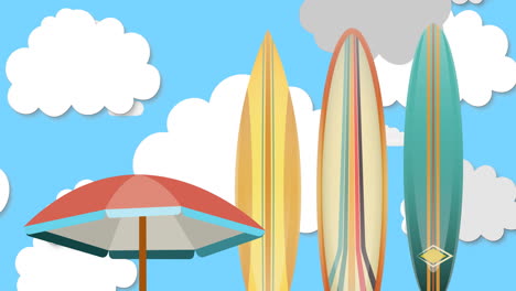 animation of umbrella and surfboards over sky with moving clouds