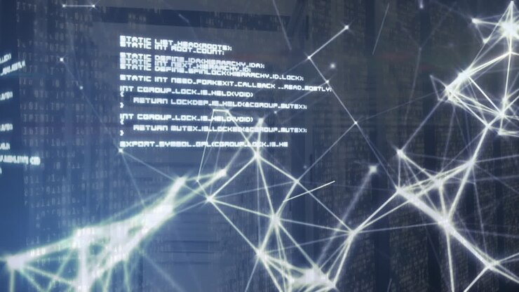 Animation of computer language and connected dots over binary codes on server rack