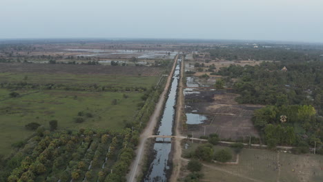 Flying-over-country-Side-in-Cambodia,-rice-fields,-irrigation-and-sheep-herd