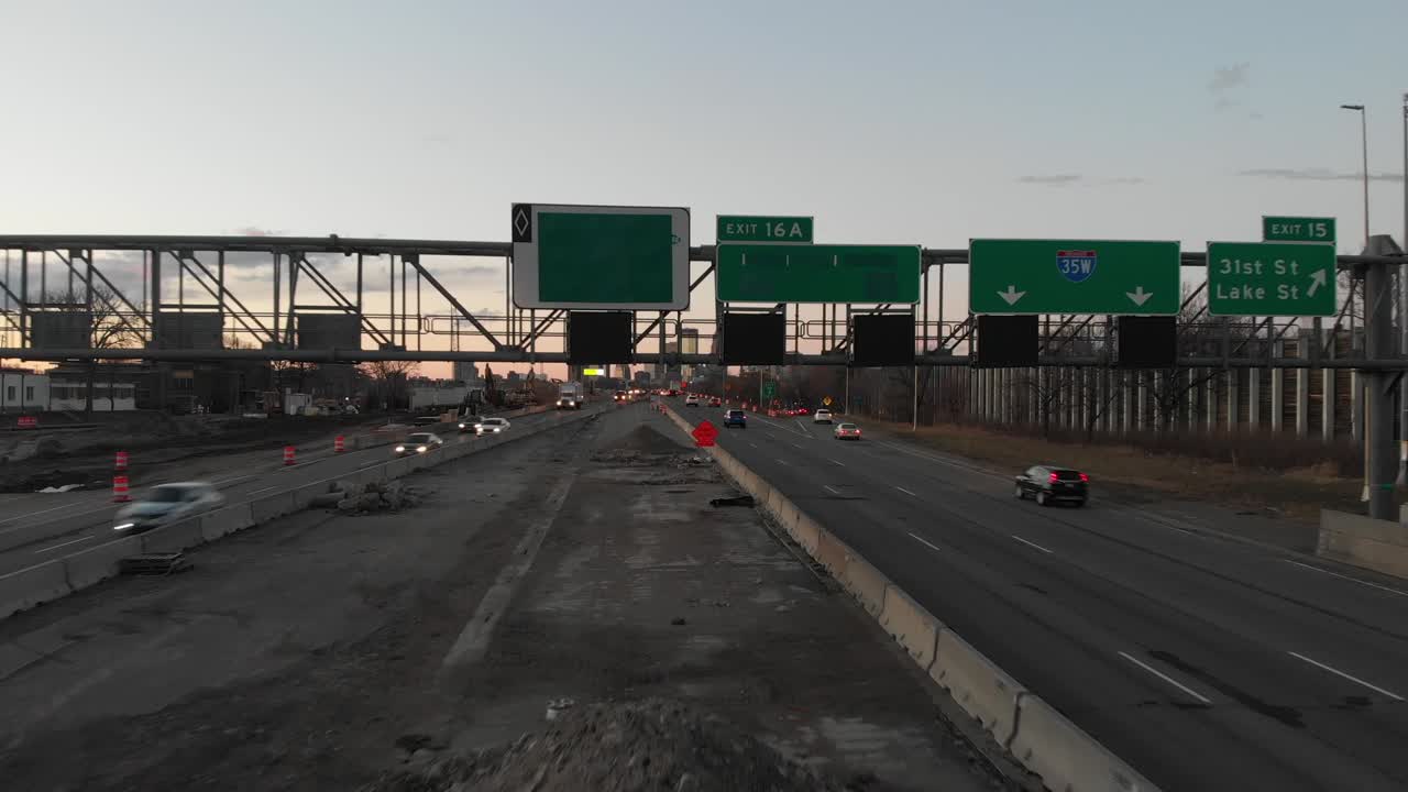 Traffic in I-35, Minnesota, aerial footage, cars, transportation in the highway in the city