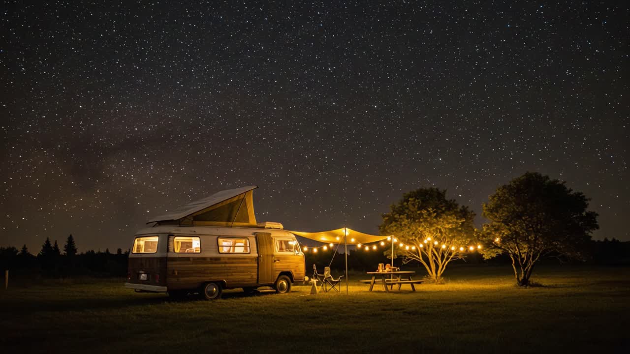 Cozy Night Under the Stars: A Warmly Lit Camping Experience with a Vintage Camper, String Lights, and a Picnic Setup in a Tranquil Outdoor Setting