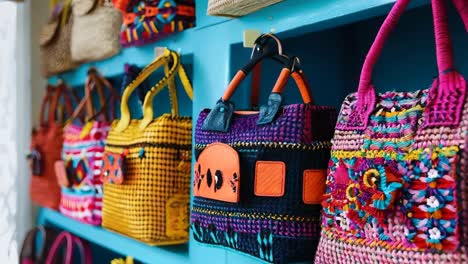 a row of colorful handbags hanging on a blue shelf