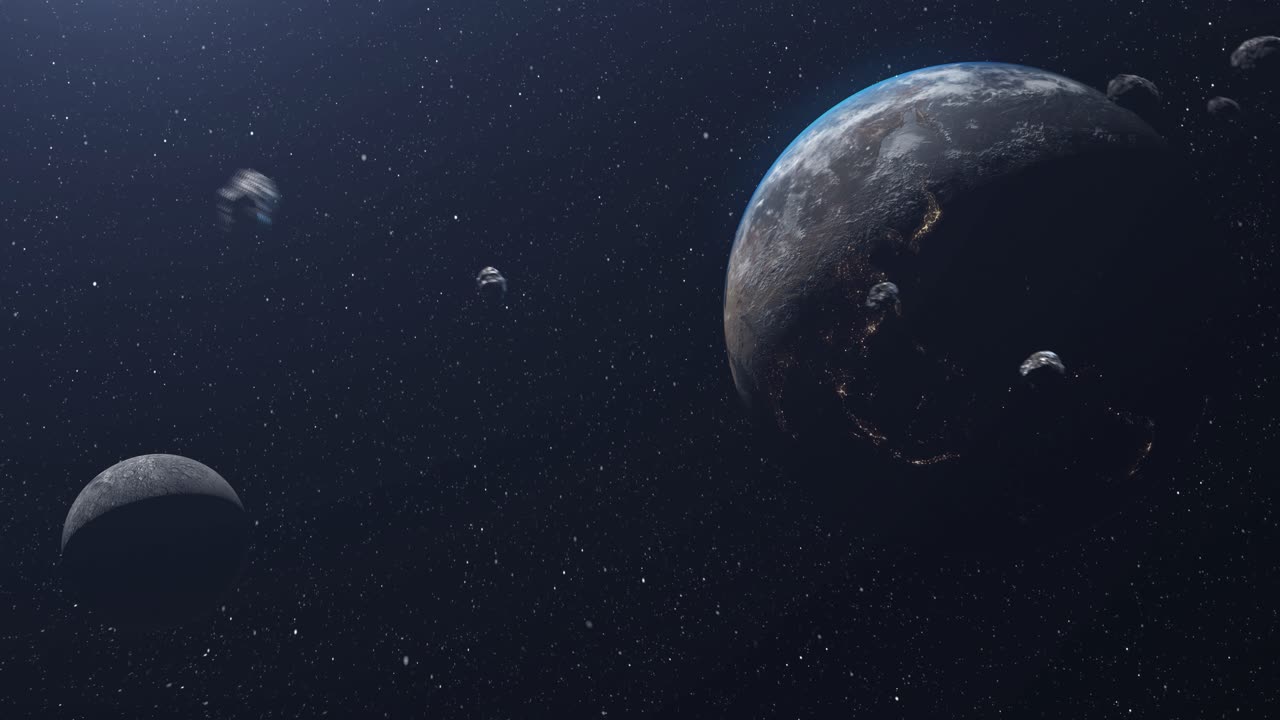 Earth and Moon in Space with Asteroids