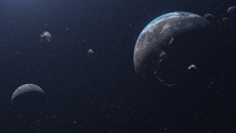 earth and moon in space with asteroids