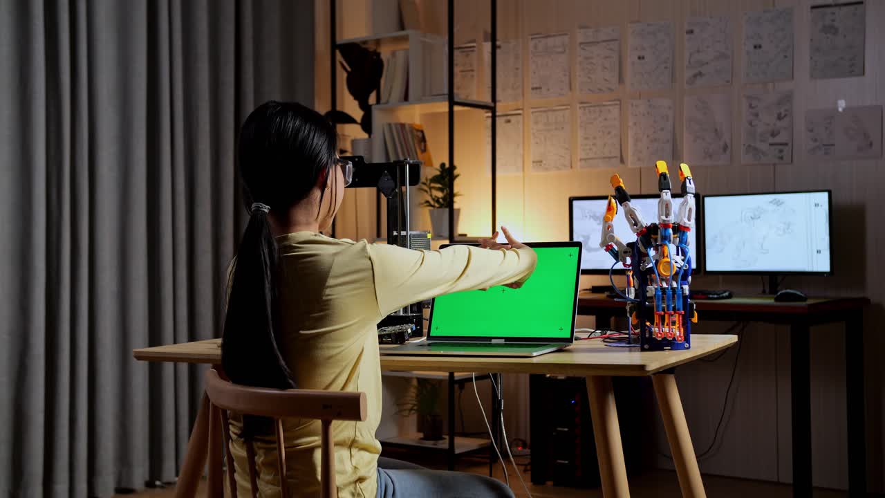 Back View Of Teen Asian Girl Stretching While Designing A Cyborg Hand On A Laptop With Mock Up Green Screen At Home